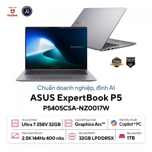 Laptop ASUS ExpertBook P5 P5405CSA-NZ0017W U7-258V/32GB/1TB PCIE/14.0 WQXGA 144HZ/WIN11/XÁM/TÚI