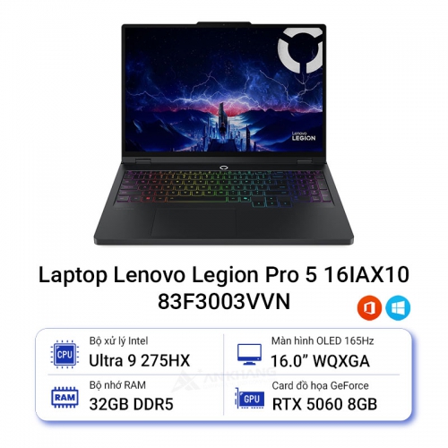 Laptop Lenovo Legion Pro 5 16IAX10 83F3003VVN (Intel Core Ultra 9 275HX | RTX 5060 8GB | 16 inch WQXGA OLED | 32GB | 1TB | Win 11 | Đen)